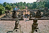 Bakong temple - the upper tier of the main pyramid, guarding lions of the central sanctuary.